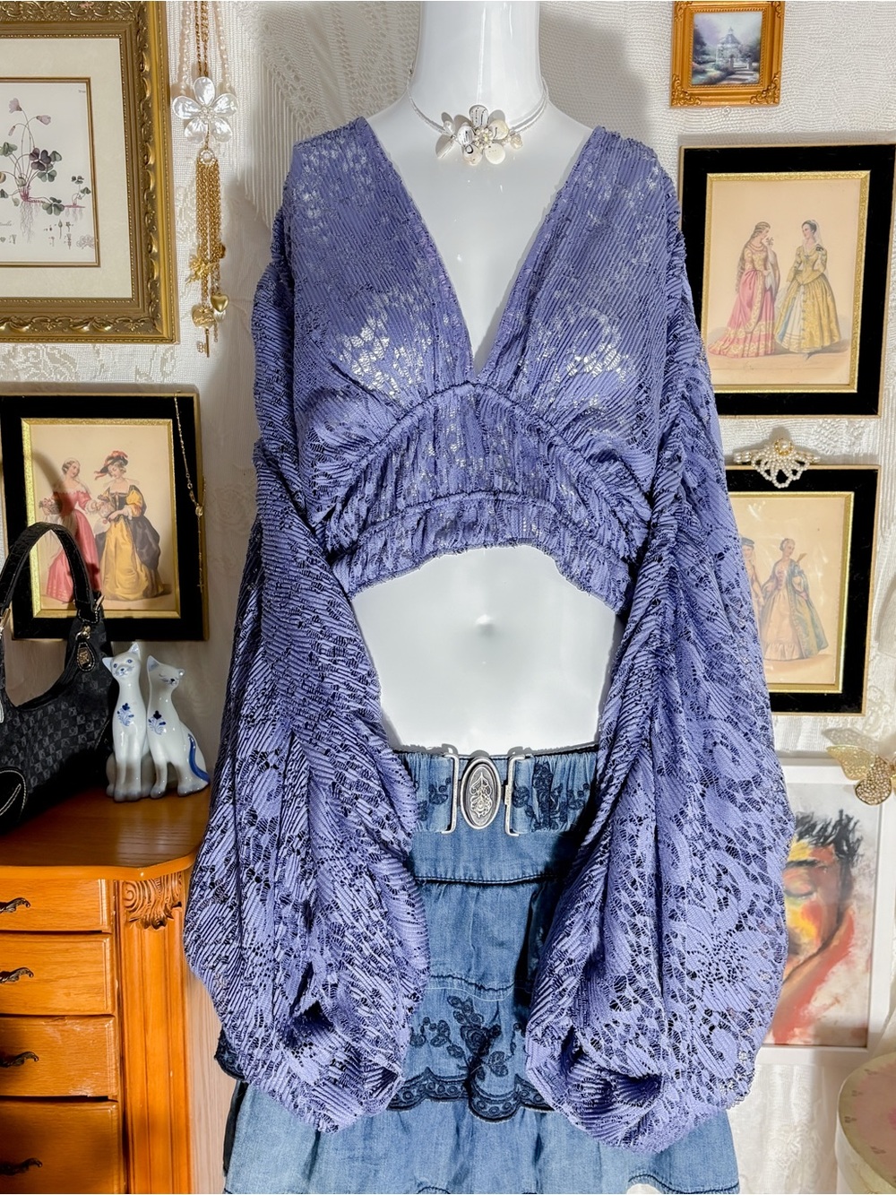 Ethereal romantic bohemian festival girly crochet cropped ruffle sleeve blouse